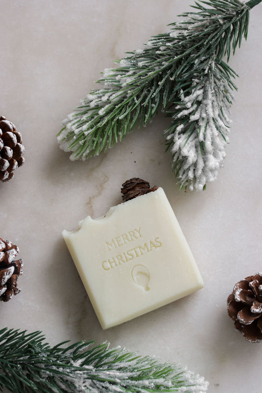 Fat Tui Soap Studio Christmas soap – handmade frankincense and balsam fir bar with white clay, gift-wrapped for the holiday season NZ