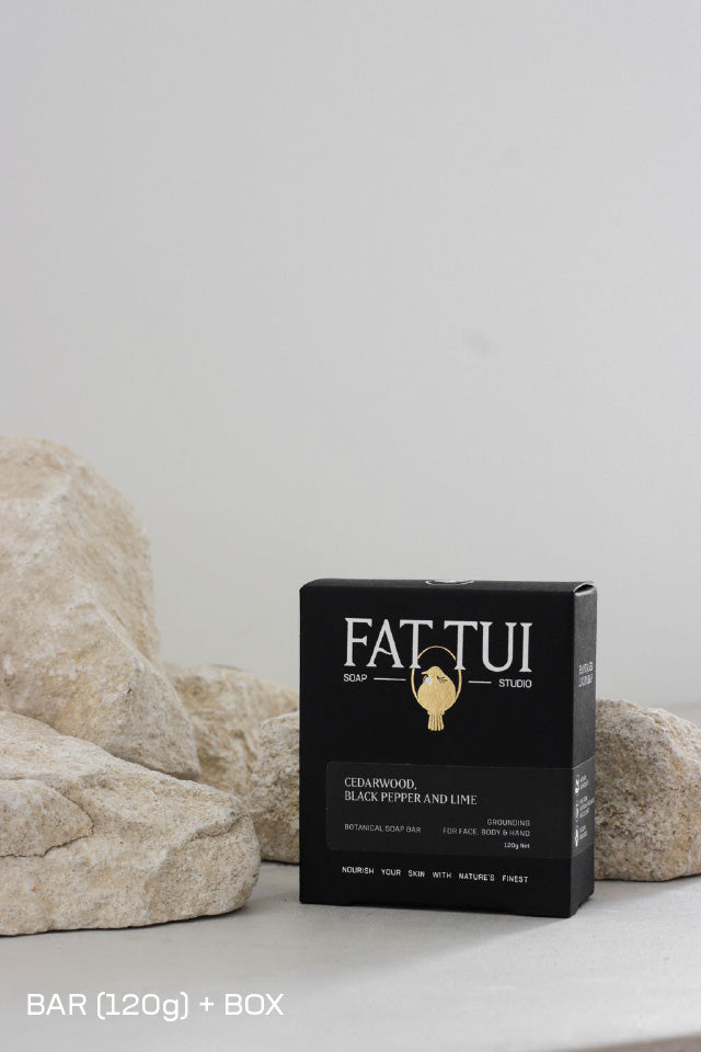 Fat Tui Soap Studio bar soap - Cedarwood, Black Pepper and Lime - earthy artisan soap handmade in NZ